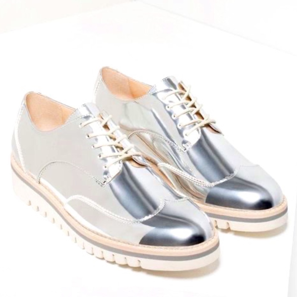 Metallic silver oxford women's shoes